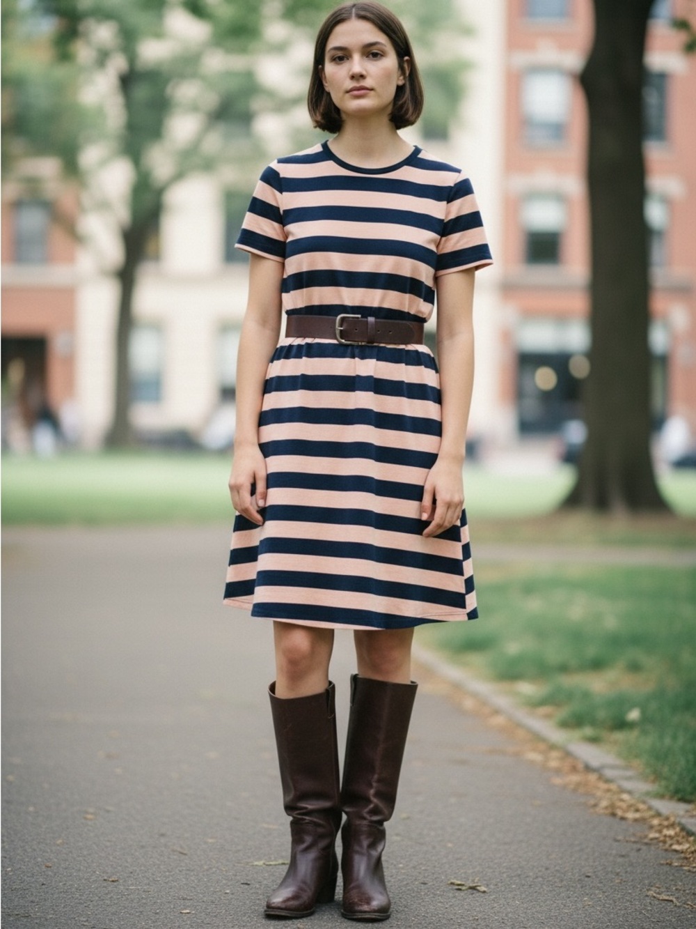 Designer Duffield Lane Striped Short-Sleeve Dress in Blush and Navy SZXL